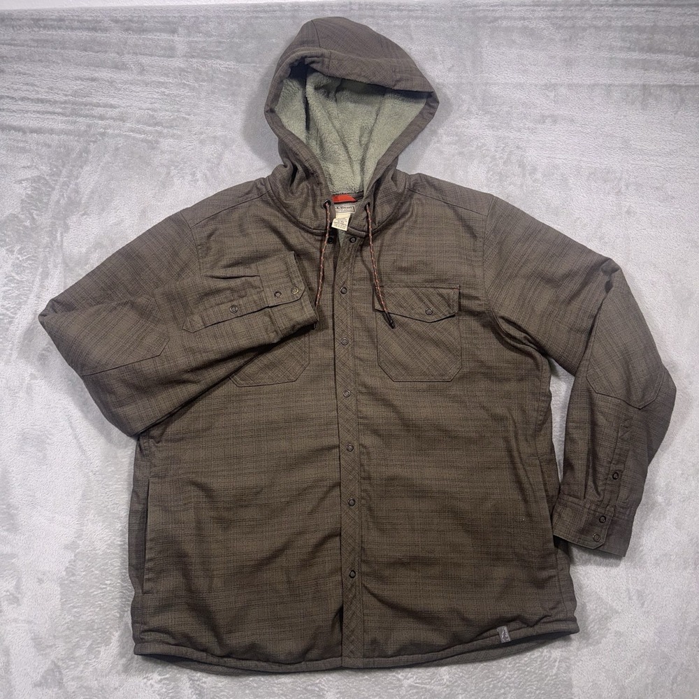 LL Bean Katahdin Performance Hooded Fleece Lined Brown Flannel Shacket Men's XL